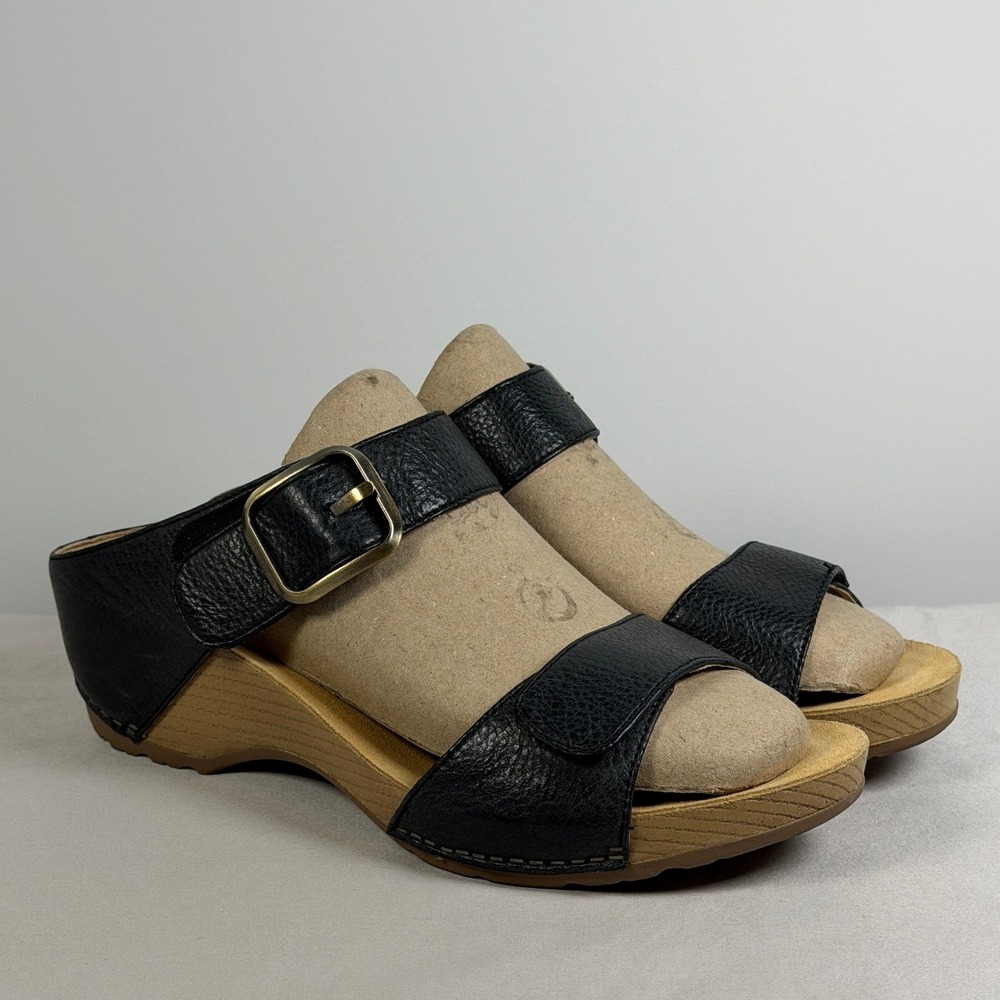 Dansko Tiffani Black Leather Wedge Sandals Buckle Slide Womens EU Size 40 US 9.5
